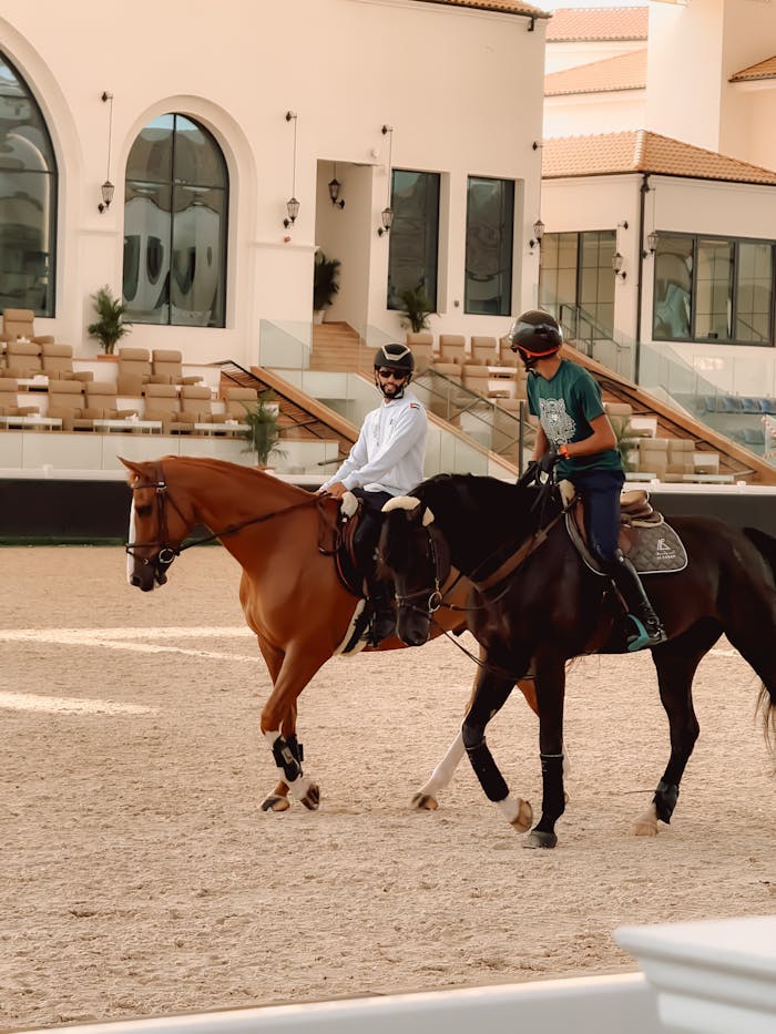 Two equestrians training with horses in a well-lit indoor arena, showcasing teamwork.